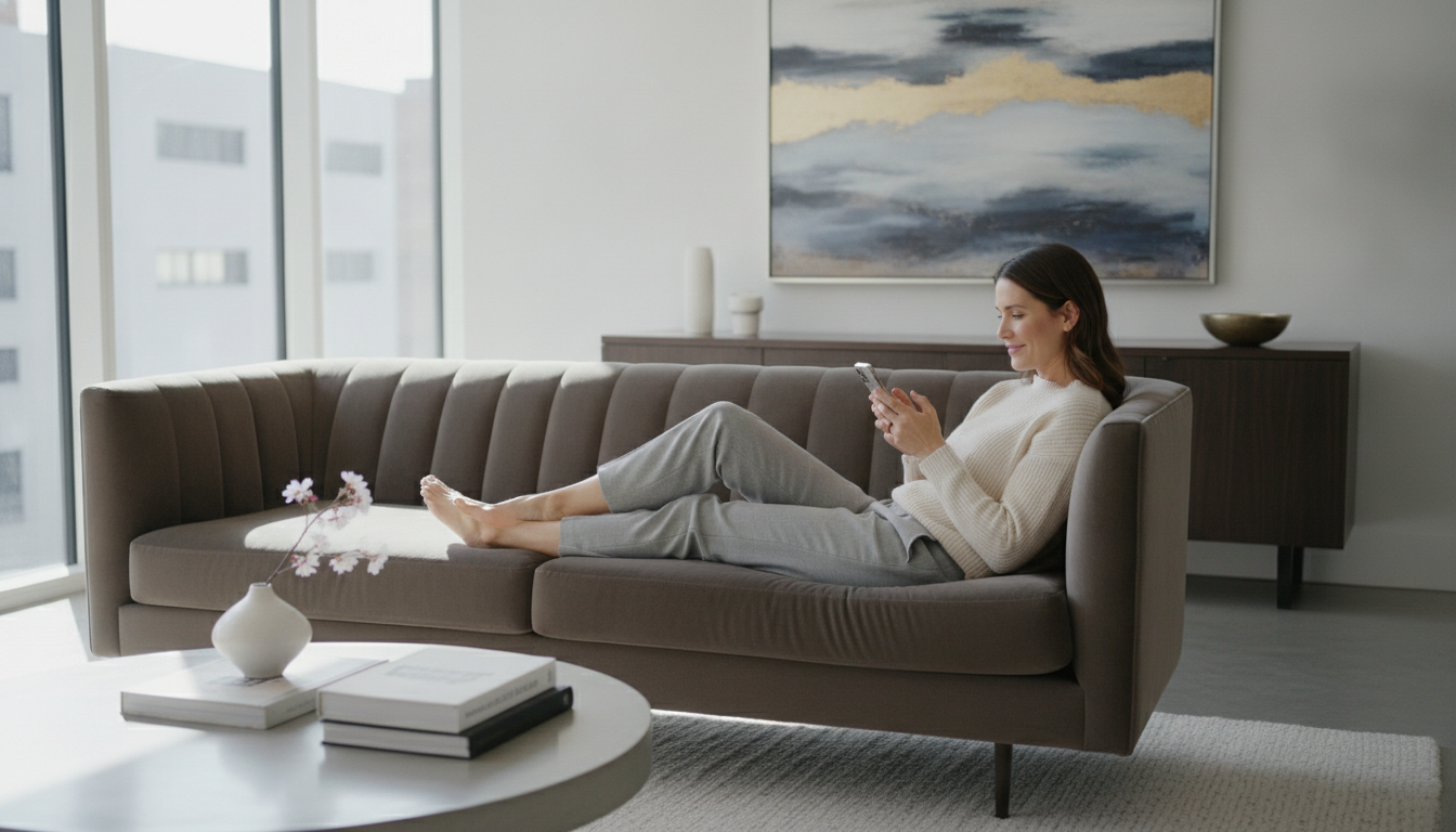 Frau wählt entspannt auf dem Sofa ein authentisches Profilfoto aus