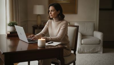 Frau überarbeitet nachdenklich ihren Dating-Profiltext am Laptop