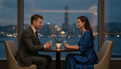 Elegantes Paar führt ein vertrauensvolles Gespräch mit Blick auf eine Hafenstadt bei Dämmerung
